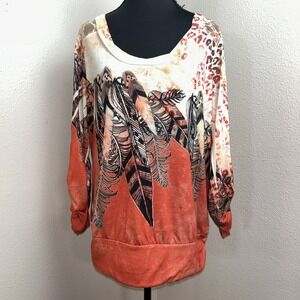 Believe In‎ Yourself Blouse Women's Large Multicolor Fall Feathers Lace Boho